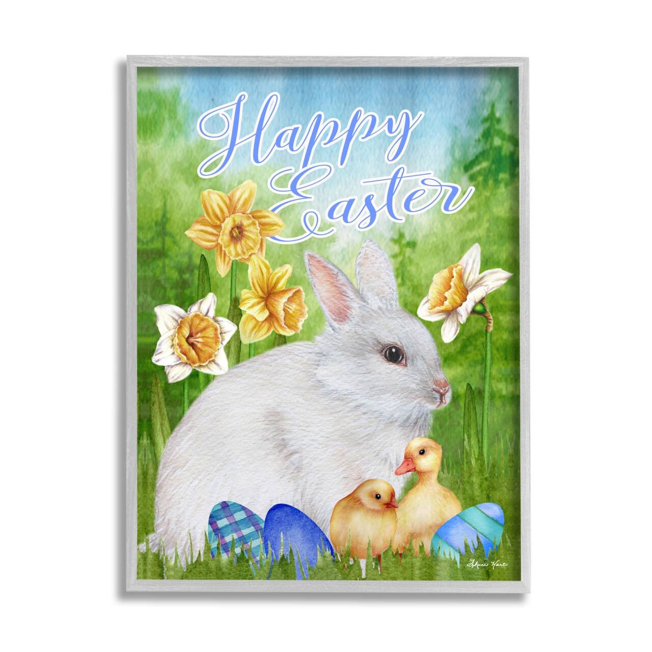 Stupell Industries Happy Easter Spring Bunny Rabbit Phrase Baby Chicks Framed Giclee Art